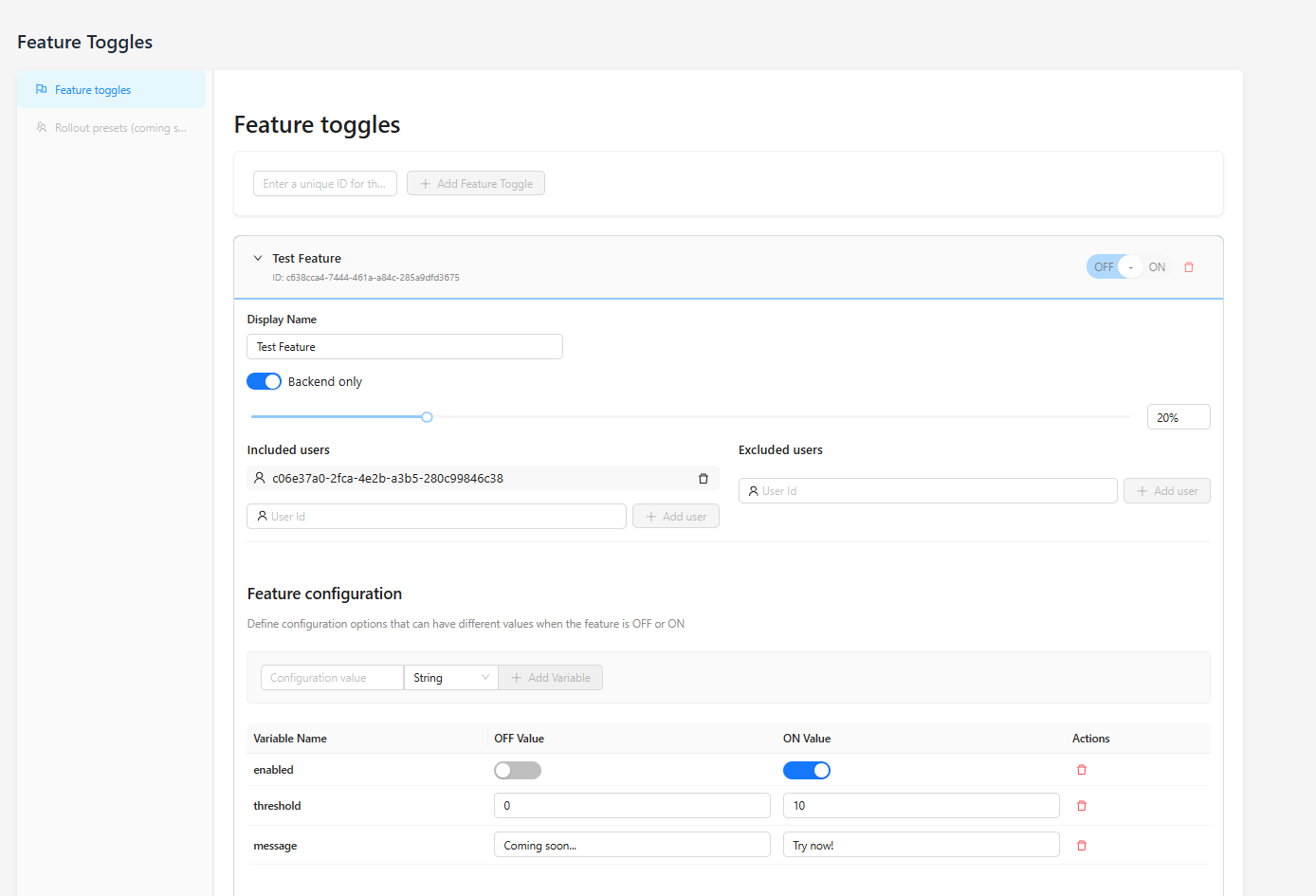 Feature toggles panel screenshot
